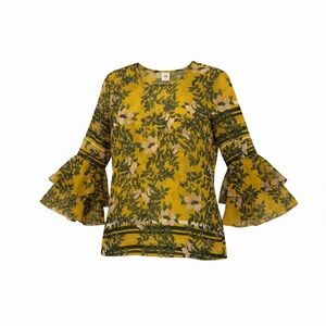CAbi Mustard Floral Bell Sleeve Blouse